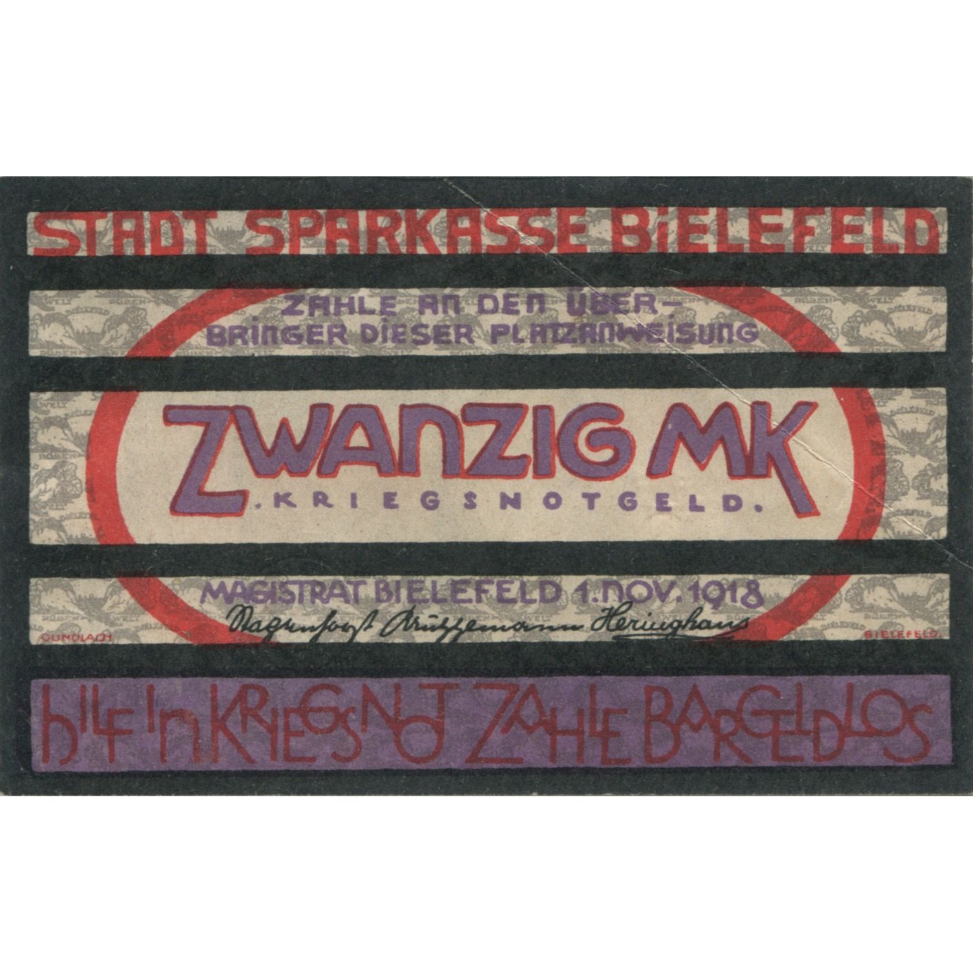 Geldschein, Deutschland, Bielefeld Stadt, 20 Mark, personnage, 1918, 1918-12-31
