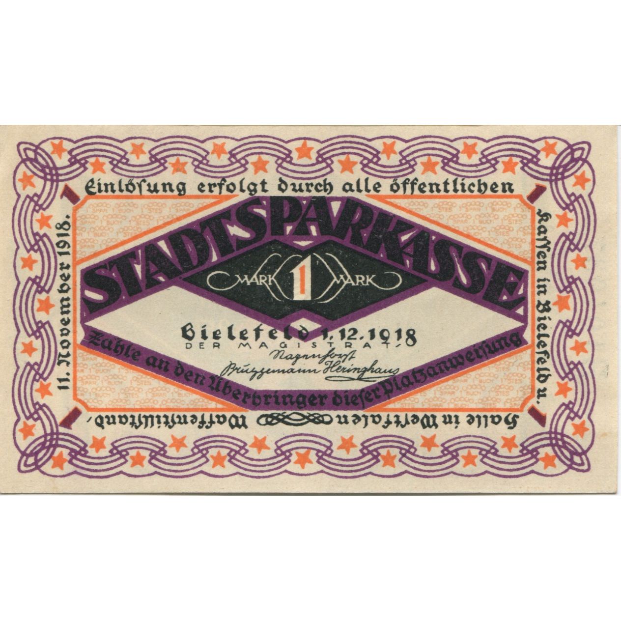 Banknote, Germany, Bielefeld Stadt, 1 Mark, personnage, 1918, 1918-12-01