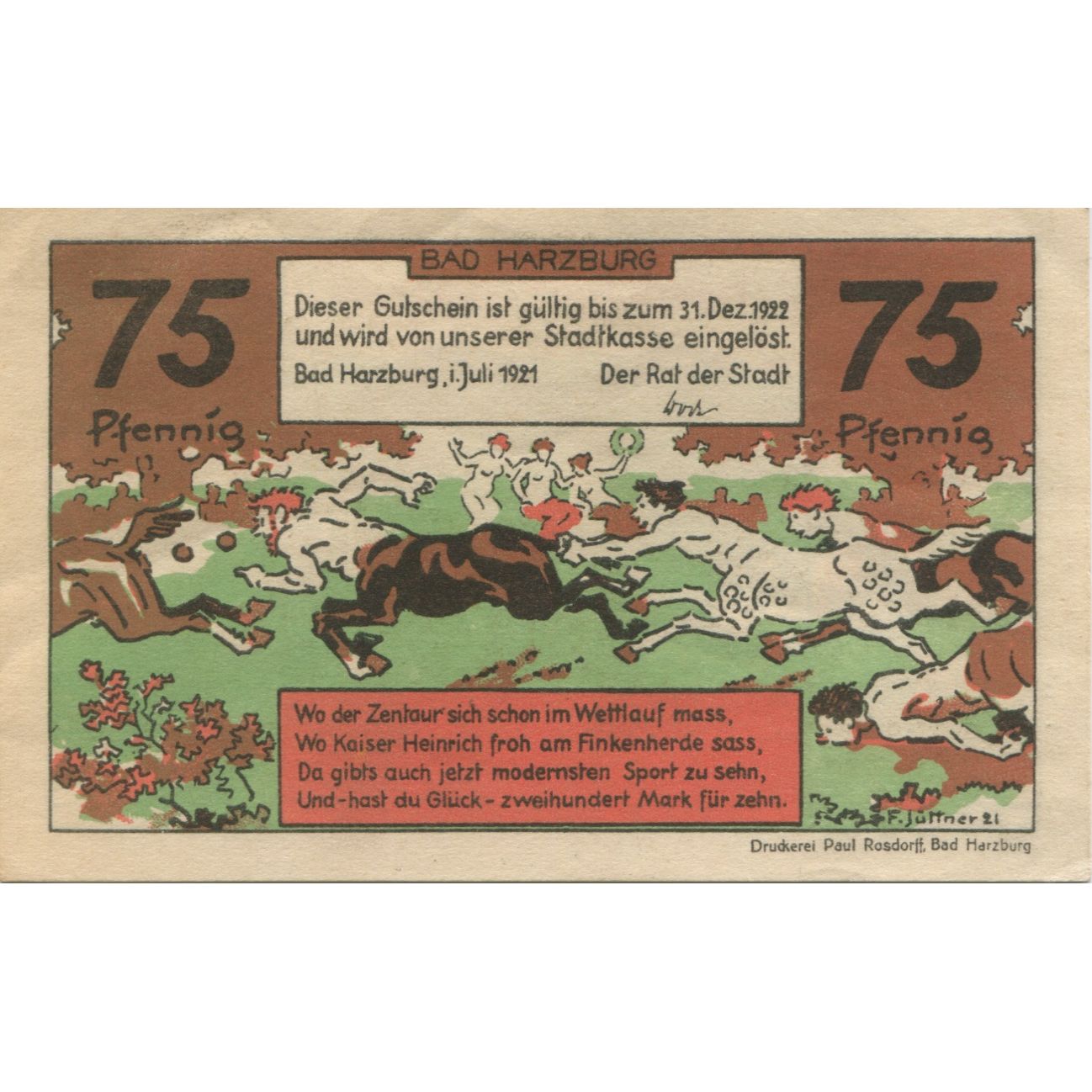 Banknote, Germany, Harzburg, Bad Stadt, 75 Pfennig, personnage, 1922