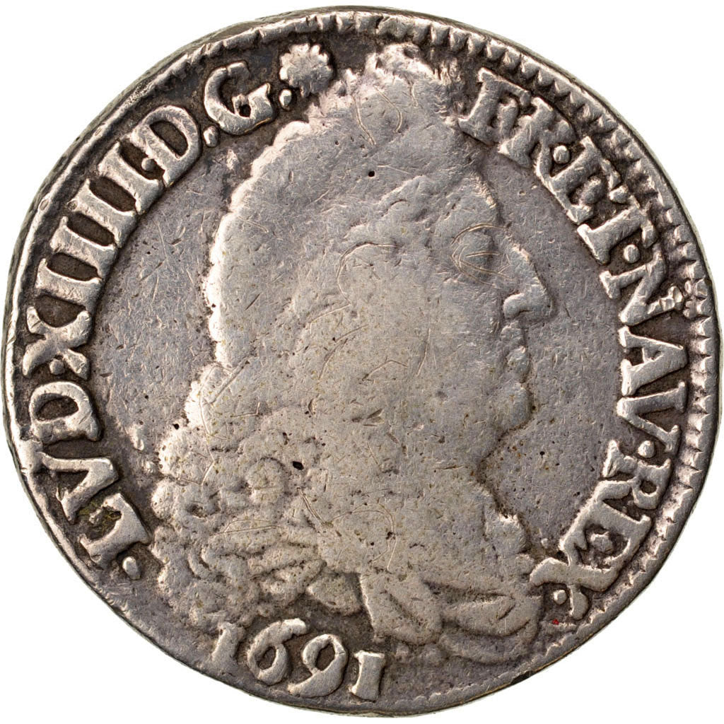 FRANCE, 1/2 Écu aux 8 L, 1/2 ECU, 1691, Rennes, KM #273.17, VF(20-25), Silver, .