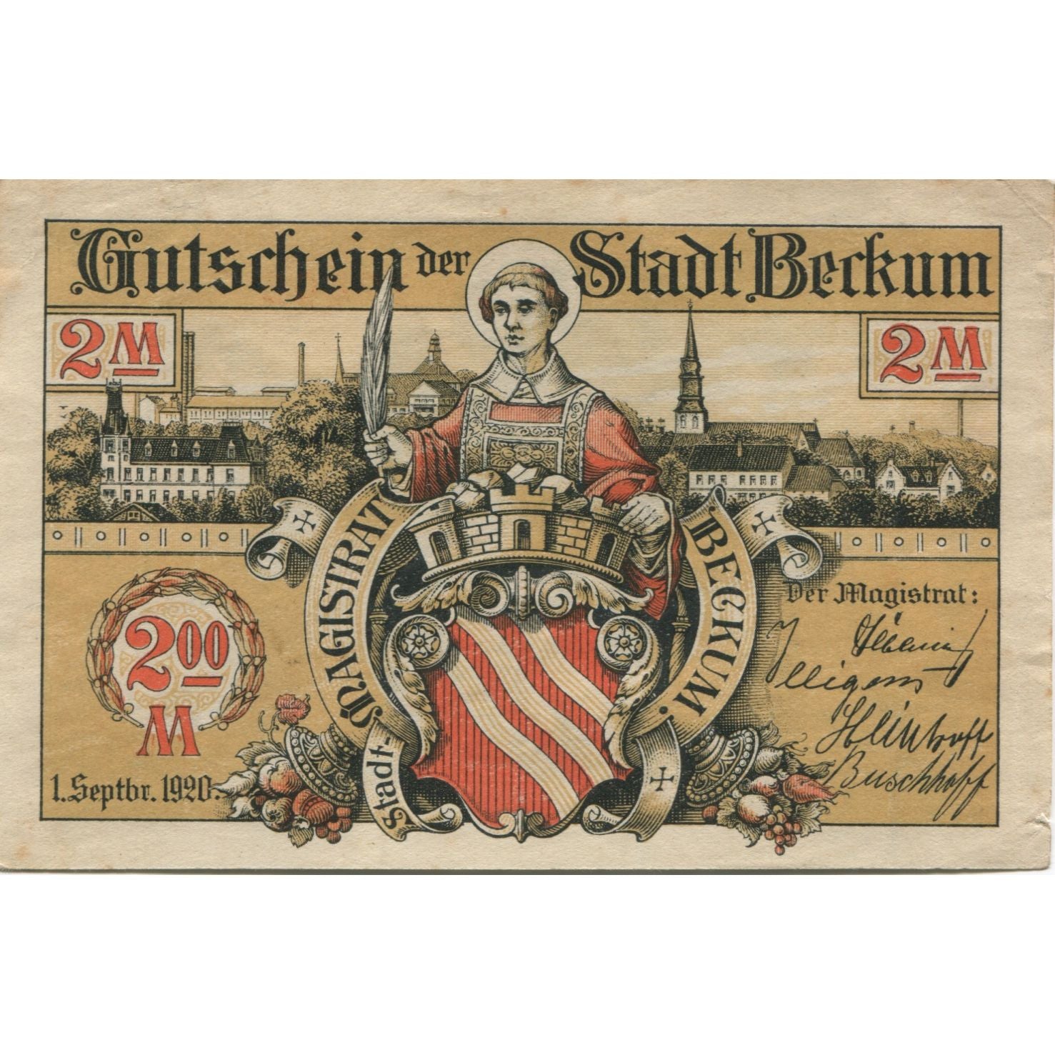 Billete, Alemania, Beckum Stadt, 2 Mark, personnage, 1920, 1920-09-01, EBC