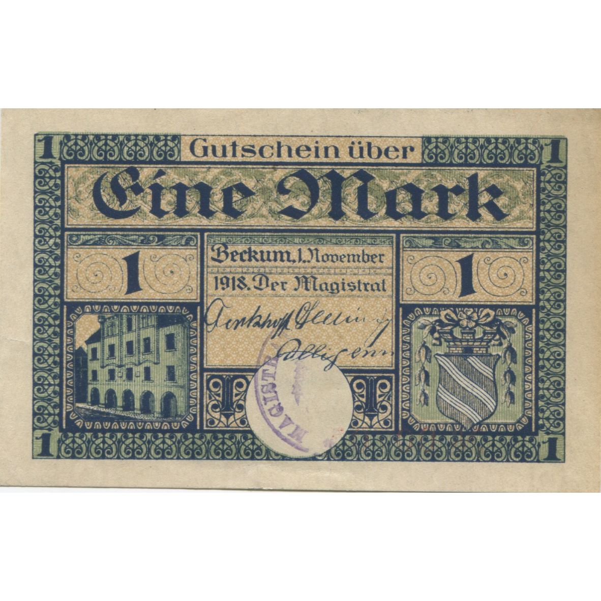 Banknote, Germany, Beckum Stadt, 1 Mark, personnage, 1918, 1918-11-01
