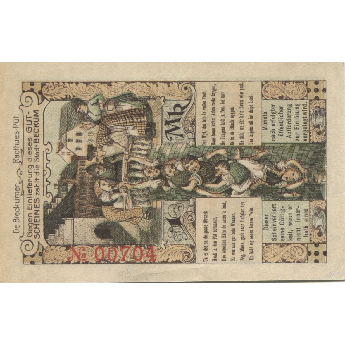 Banknote, Germany, Beckum Stadt, 1 Mark, personnage, 1918, 1918-11-01