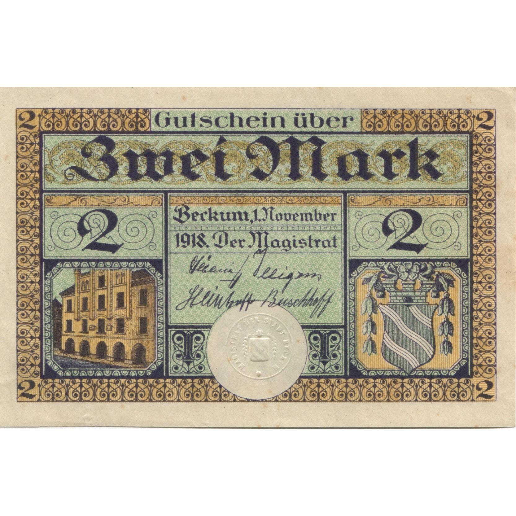 Banknote, Germany, Beckum Stadt, 2 Mark, personnage, 1918, 1918-11-01