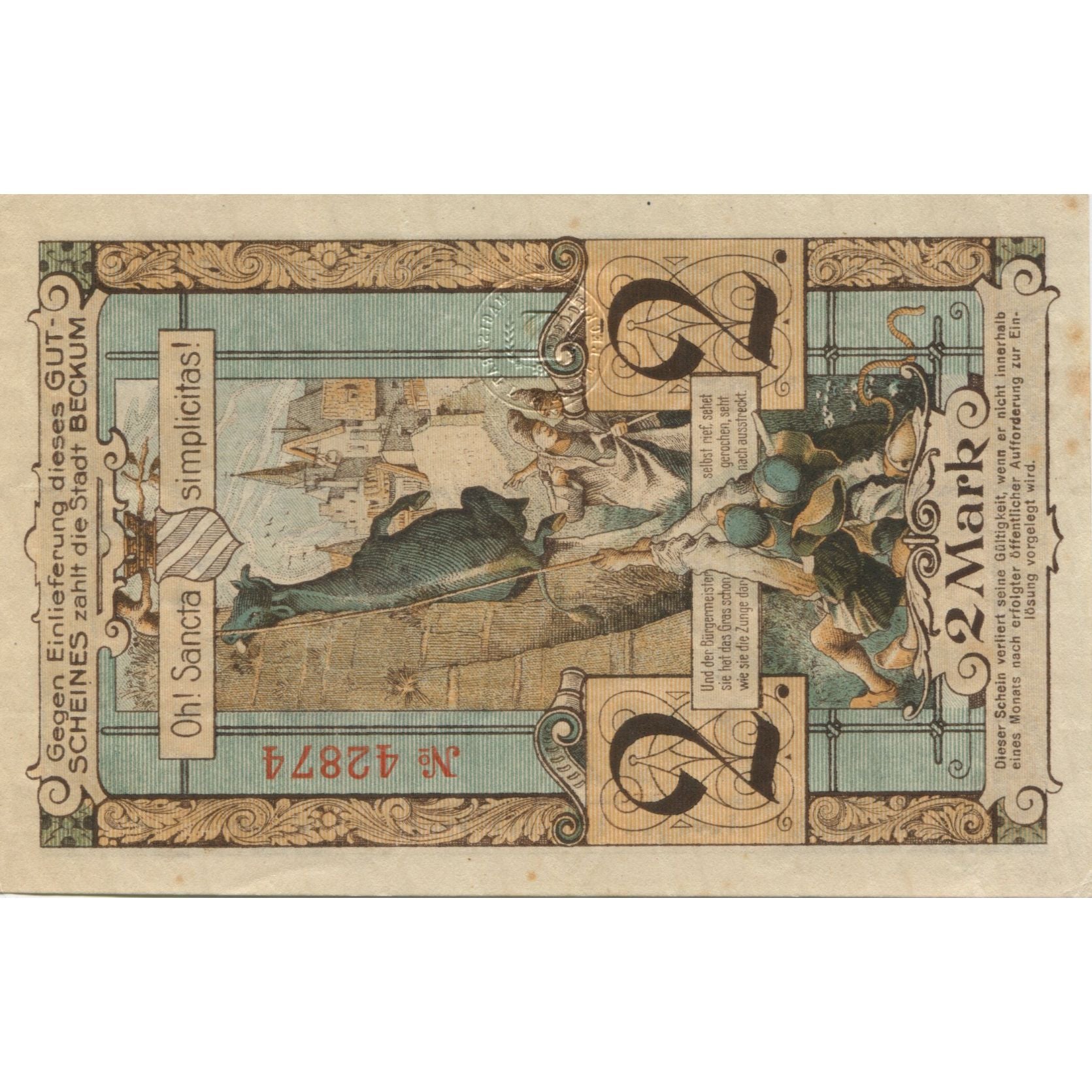 Banknote, Germany, Beckum Stadt, 2 Mark, personnage, 1918, 1918-11-01