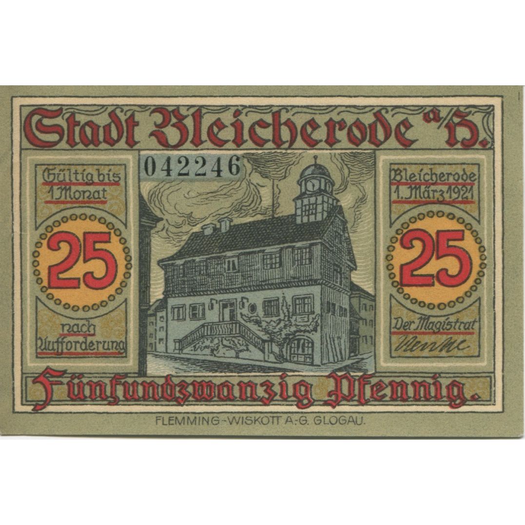 Banknote, Germany, Bleicherode am Harz Stadt, 25 Pfennig, personnage, 1921