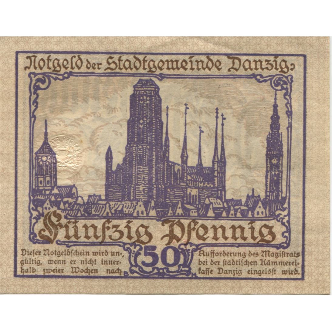 Banknote, Germany, Danzig Stadt, 50 Pfennig, Eglise, 1919, 1919-04-15