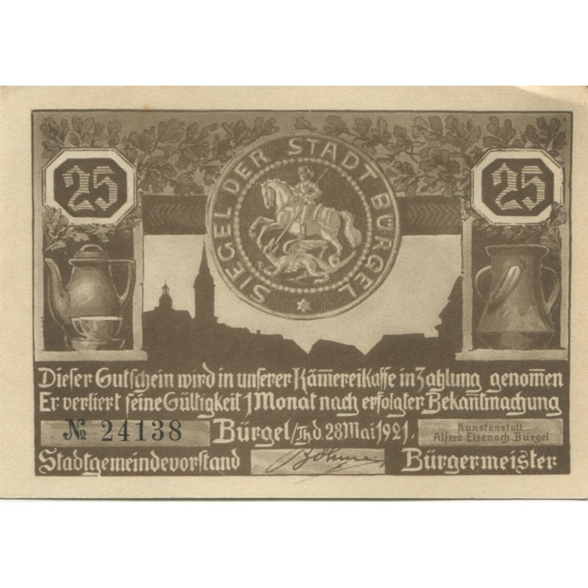 Biljet, Duitsland, Burgel Stadt, 25 Pfennig, personnage, 1921, 1921-05-28, SUP