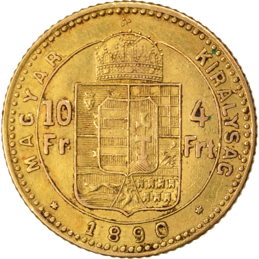 HUNGARY, 4 Forint 10 Francs, 1890, Kremnitz, KM #466, AU(50-53), Gold, 3.23