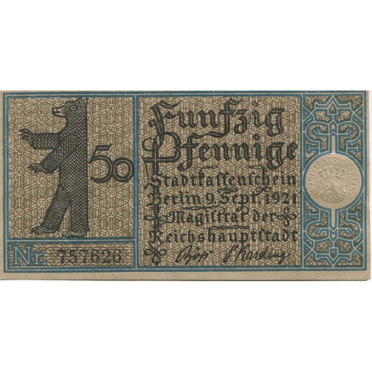 Banknote, Germany, Berlin Stadt, 50 Pfennig, ferme, 1921, 1921-09-09, AU(55-58)
