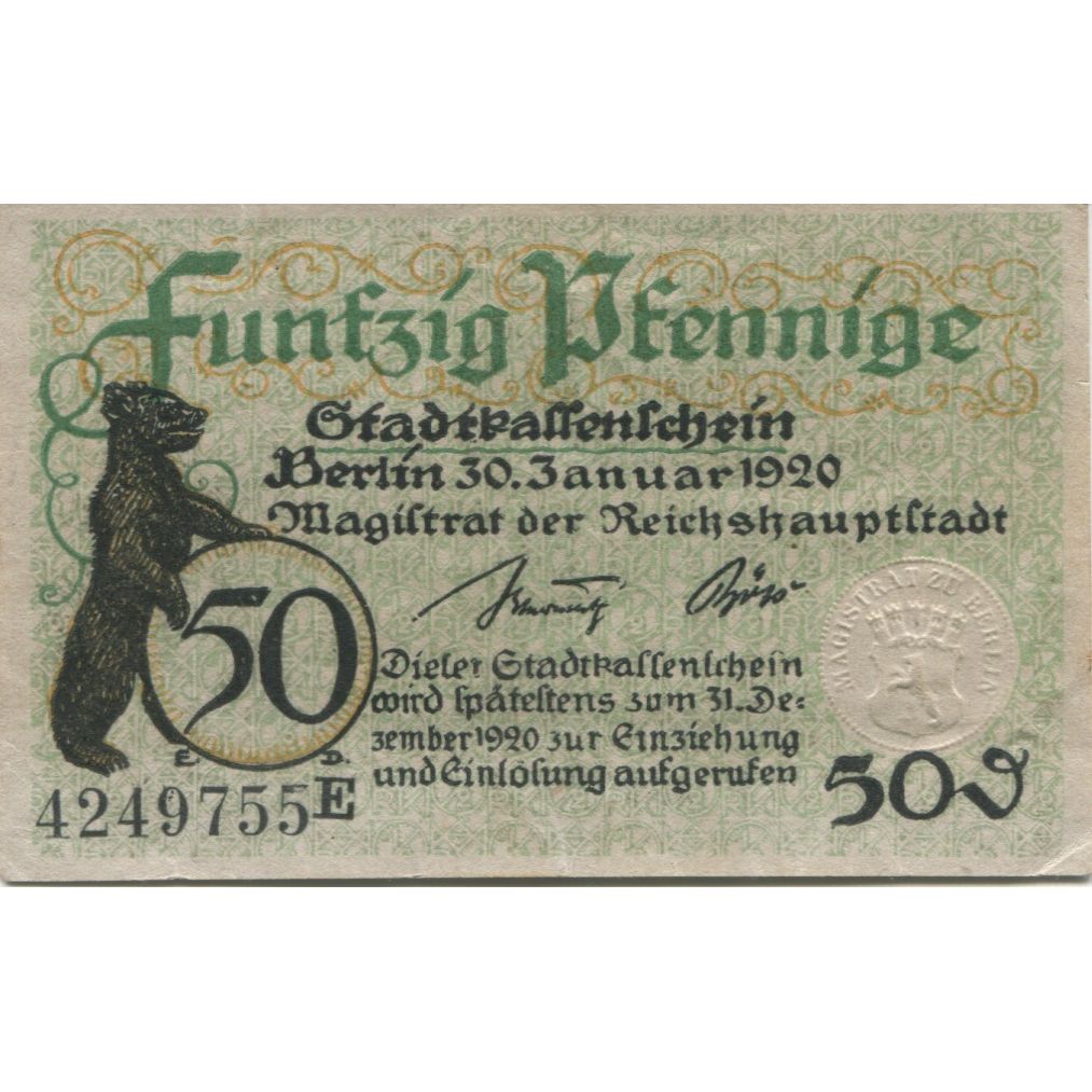 Banknote, Germany, Berlin Stadt, 50 Pfennig, valeur faciale, 1919, 1919-02-01