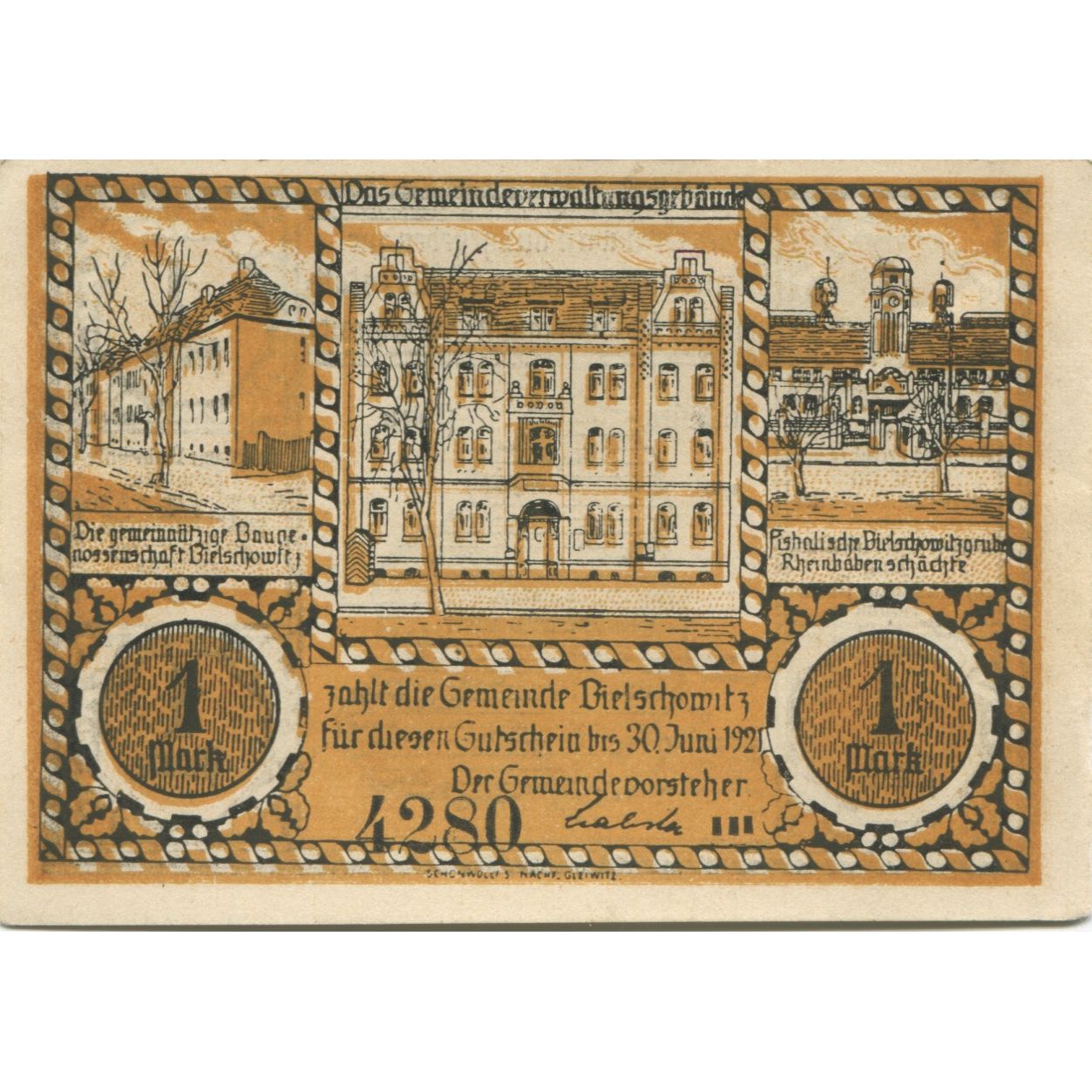 Nota, Alemanha, Bielschowitz Gemeinde, 1 Mark, carte, 1921, 1921-06-30