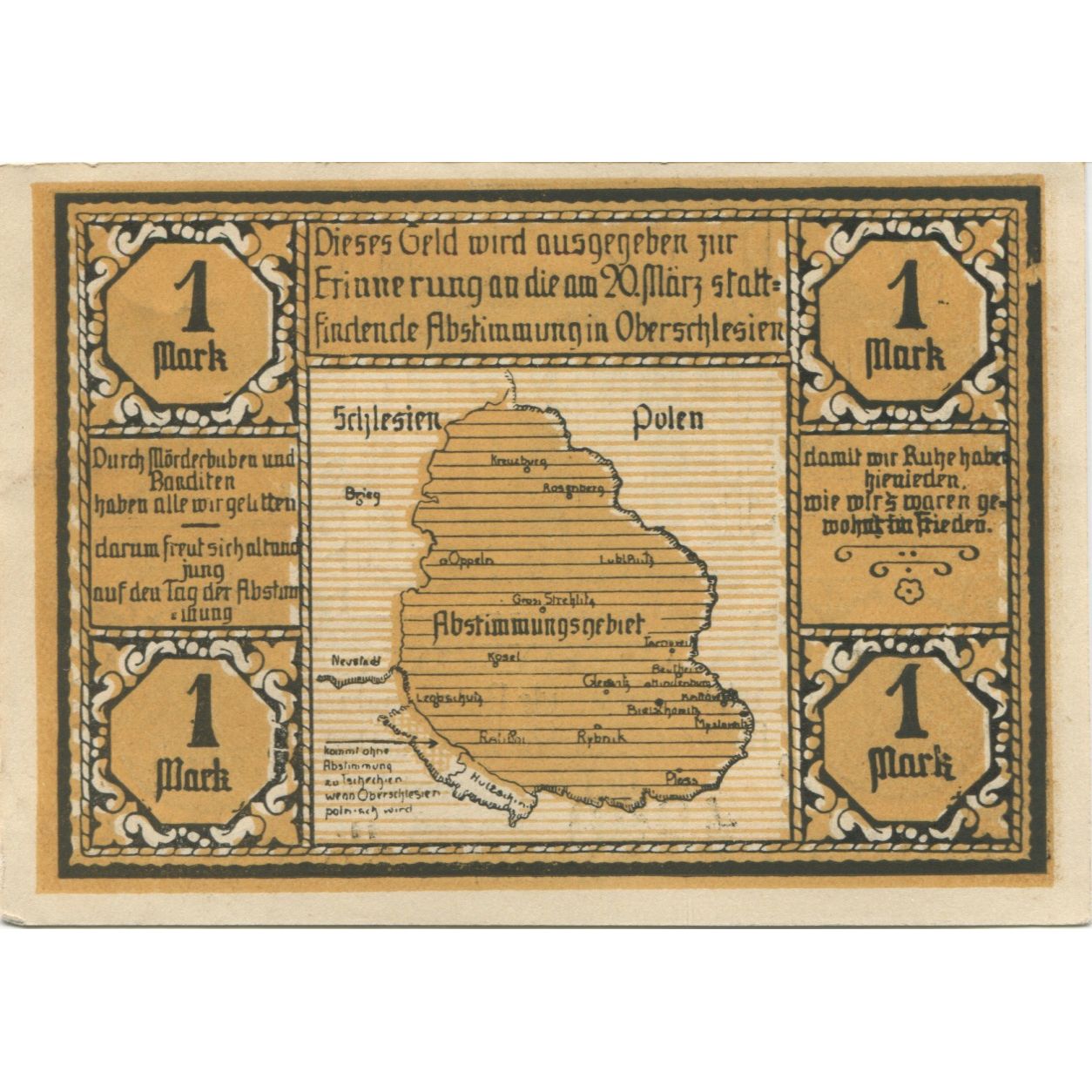 Nota, Alemanha, Bielschowitz Gemeinde, 1 Mark, carte, 1921, 1921-06-30
