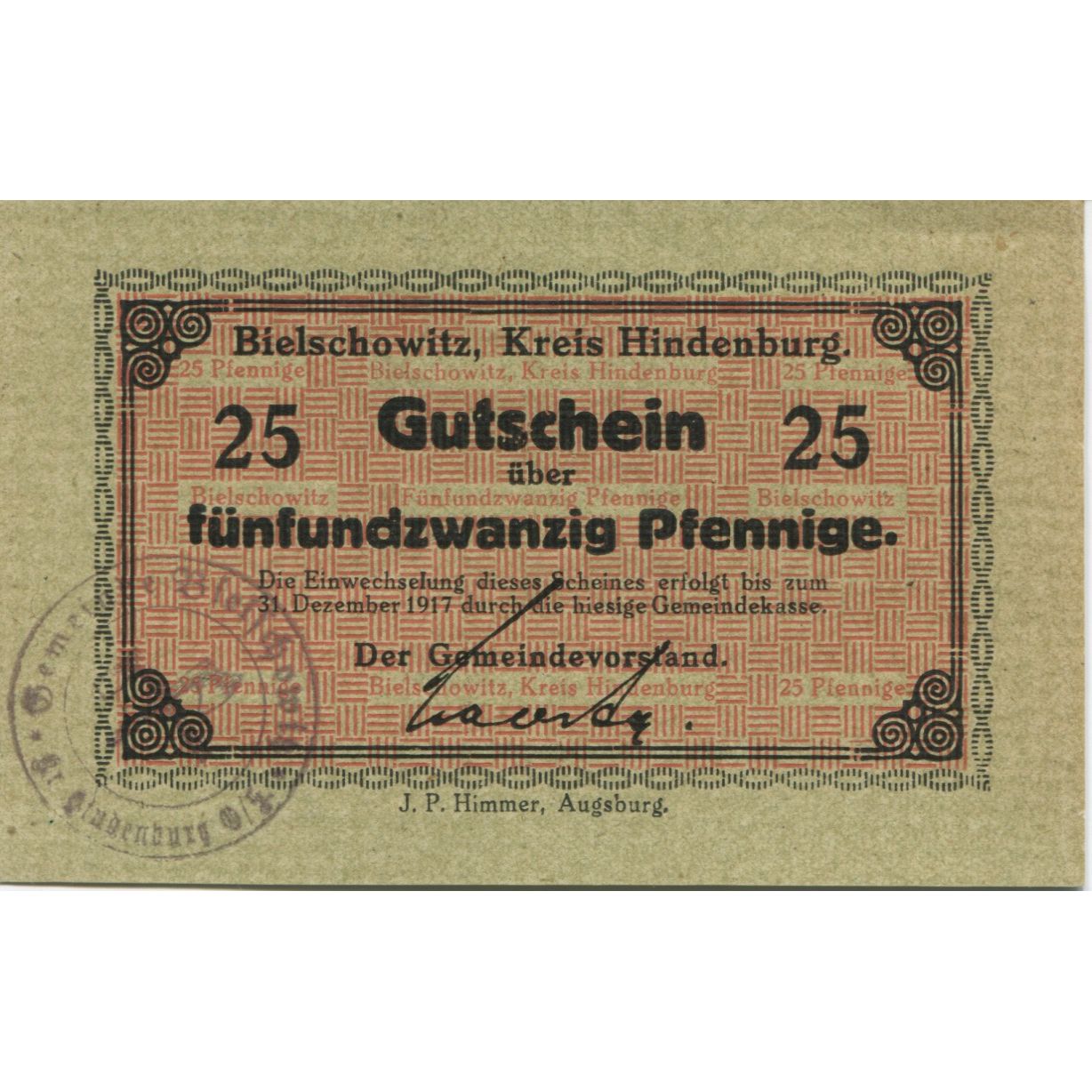 Banknote, Germany, Bielschowitz Gemeinde, 25 Pfennig, N.D, 1917, 1917-12-31