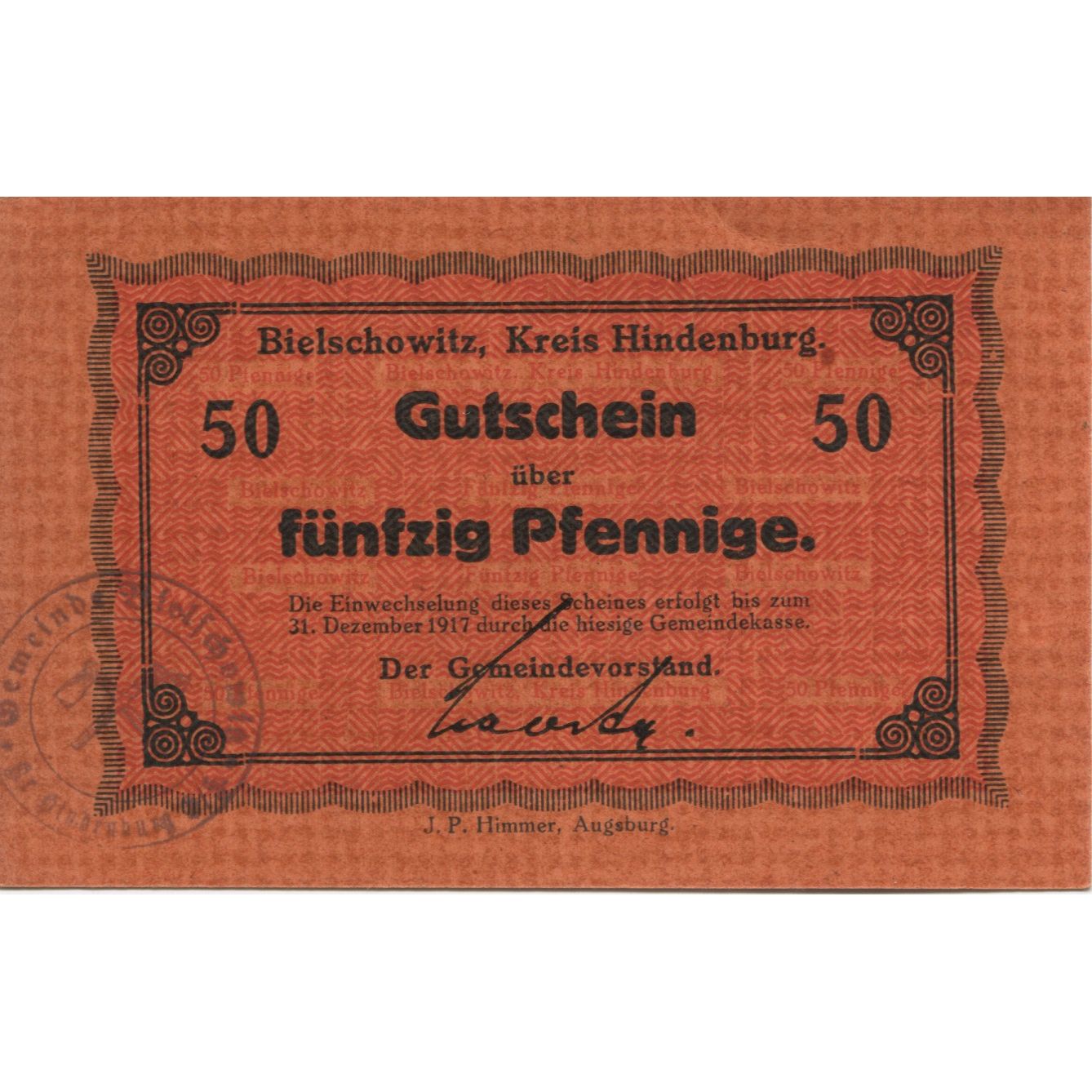 Banknote, Germany, Bielschowitz Gemeinde, 50 Pfennig, N.D, 1917, 1917-12-31