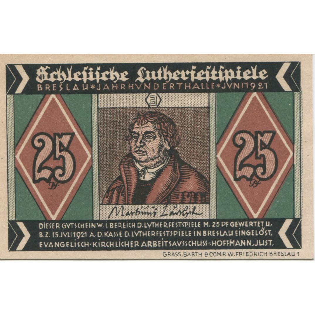 Banknote, Germany, Breslau Evangelisch Kirchlicher Arbeitsausschuß, 25 Pfennig