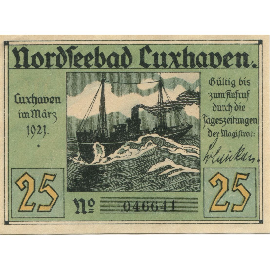 Banknote, Germany, Cuxhaven Stadt, 25 Pfennig, Phare, 1921, AU(55-58)