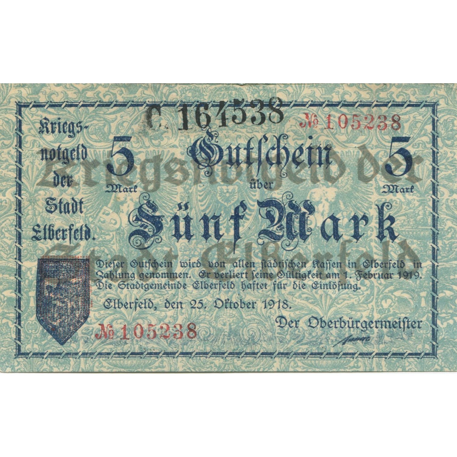 Biljet, Duitsland, Elberfeld Stadt, 5 Mark, valeur faciale, 1919, 1919-02-01