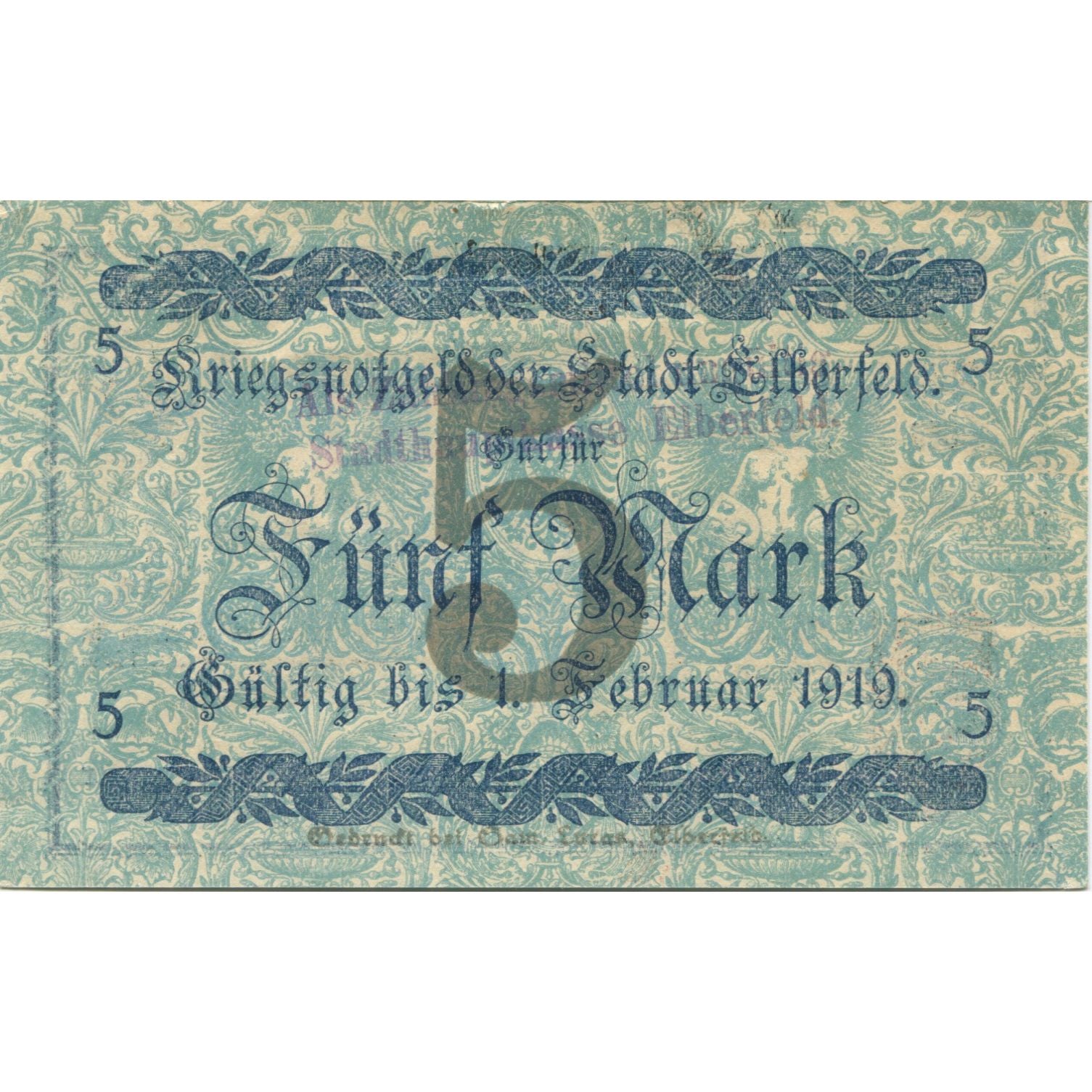 Biljet, Duitsland, Elberfeld Stadt, 5 Mark, valeur faciale, 1919, 1919-02-01