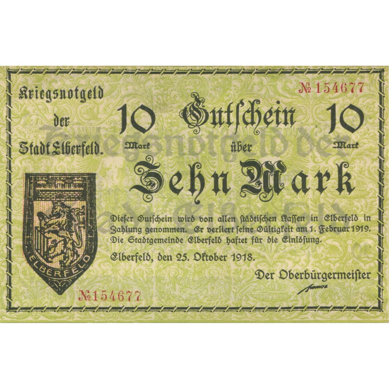 Billet, Allemagne, Elberfeld Stadt, 10 Mark, valeur faciale, 1919, 1919-02-01