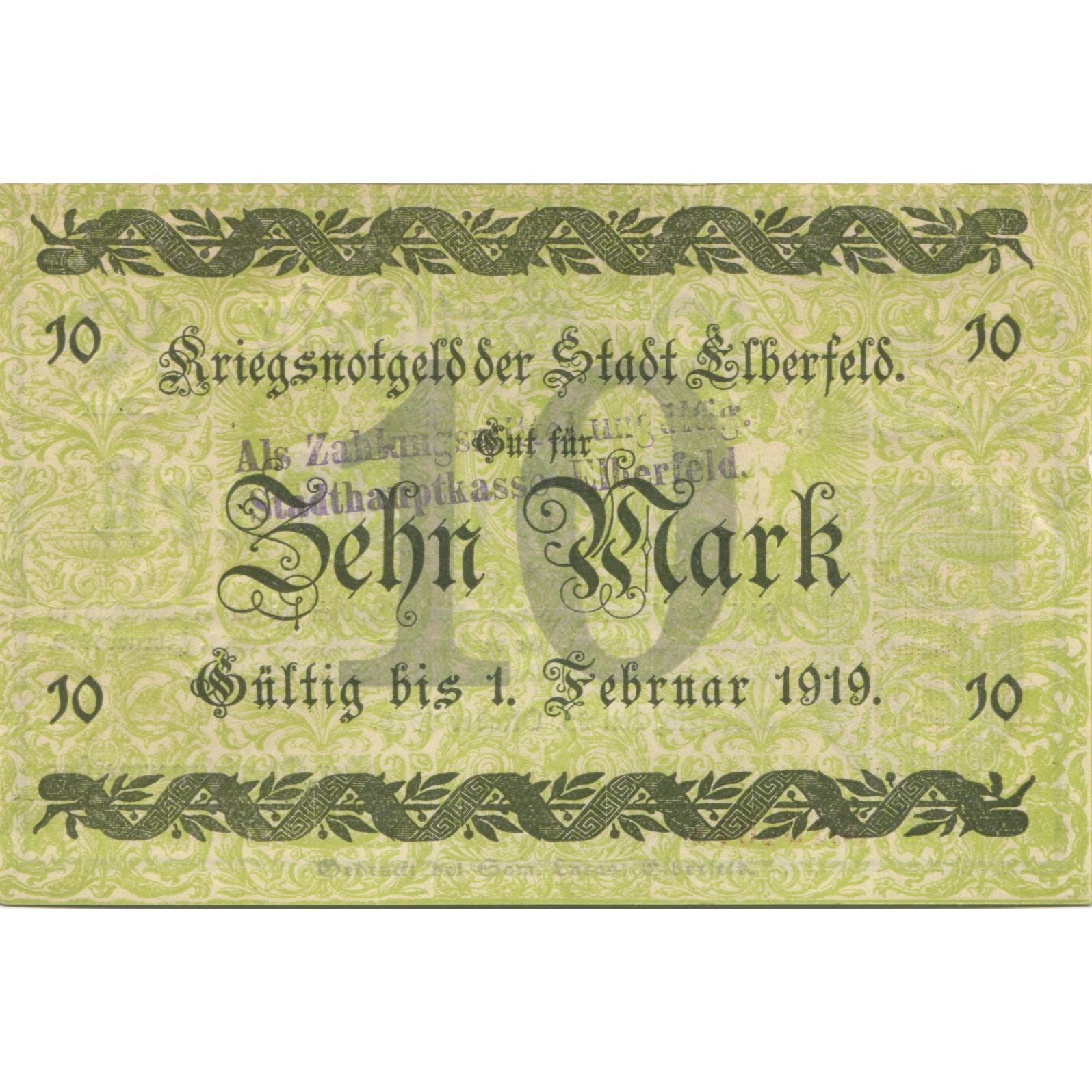 Billet, Allemagne, Elberfeld Stadt, 10 Mark, valeur faciale, 1919, 1919-02-01
