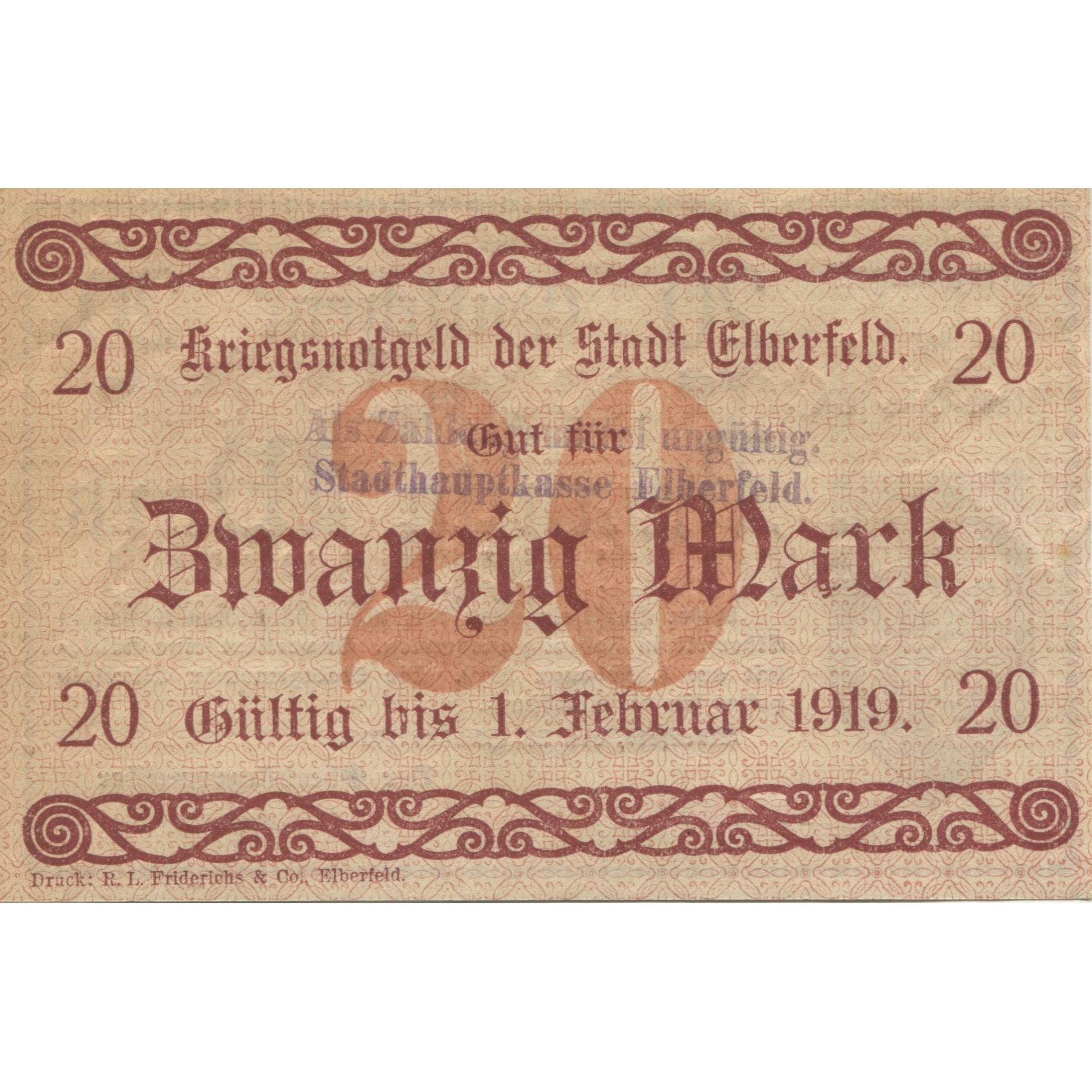 Banknote, Germany, Elberfeld Stadt, 20 Mark, valeur faciale, 1919, 1919-02-01