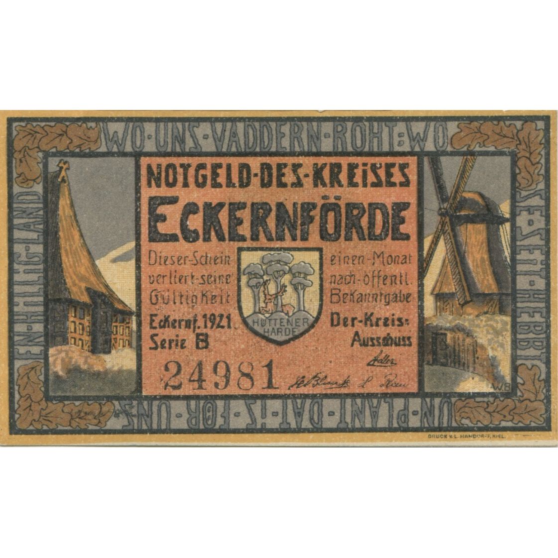 Banknote, Germany, Eckernförde Kreis, 50 Pfennig, Monument, 1921, AU(55-58)
