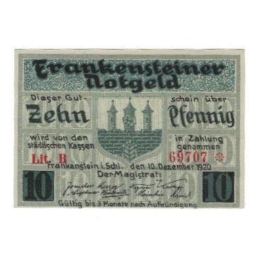Billet, Allemagne, Frankenstein Stadt, 10 Pfennig, Batiment, 1920, 1920-12-10