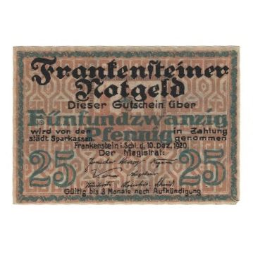 Banknote, Germany, Frankenstein Stadt, 25 Pfennig, Batiment, 1920, 1920-12-10