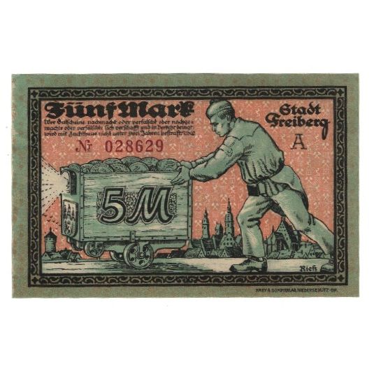 Billet, Allemagne, Freiberg Stadt, 5 Mark, personnage, 1918, 1918-11-15, SUP