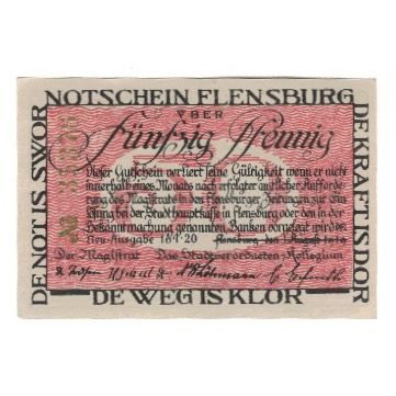 Banknote, Germany, Flensburg Stadt, 50 Pfennig, Texte, 1920, 1920-01-16