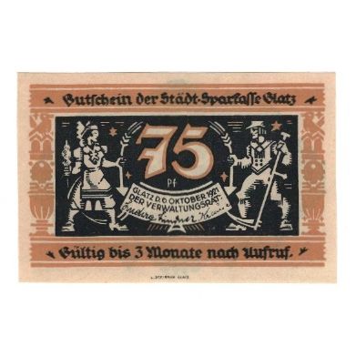 Banknote, Germany, Glatz Städtische Sparkasse, 75 Pfennig, personnage 2, 1921