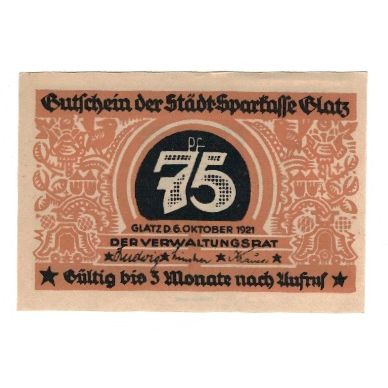 Banknote, Germany, Glatz Städtische Sparkasse, 75 Pfennig, Blason, 1921