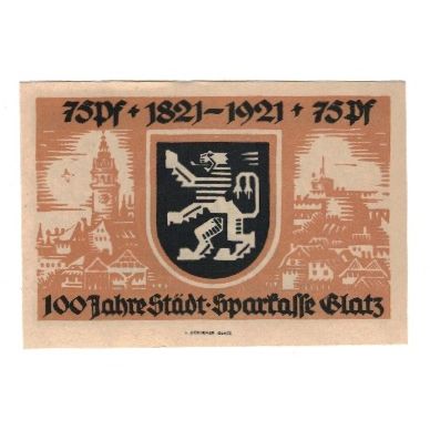 Banknote, Germany, Glatz Städtische Sparkasse, 75 Pfennig, Blason, 1921