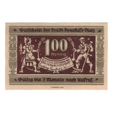 Banknote, Germany, Glatz Städtische Sparkasse, 100 Pfennig, personnage, 1921