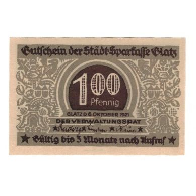 Banknote, Germany, Glatz Städtische Sparkasse, 100 Pfennig, Blason, 1921
