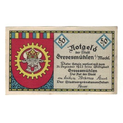 Banknote, Germany, Grevesmuhlen Stadt, 50 Pfennig, oiseaux, 1923, 1923-12-31
