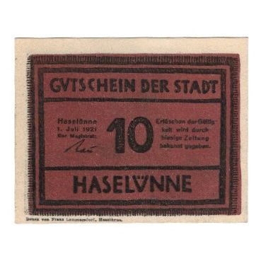 Billet, Allemagne, Haselünne Stadt, 10 Pfennig, paysage, 1921, 1921-10-01, SUP