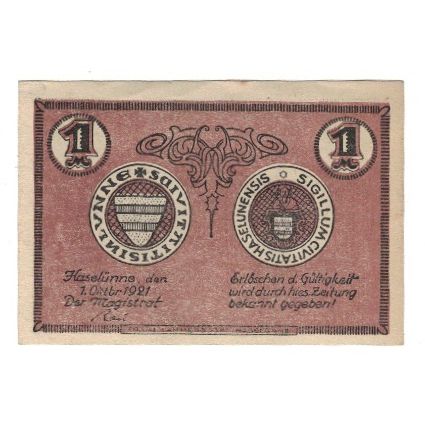 Nota, Alemanha, Haselünne Stadt, 1 Mark, valeur faciale, 1921, 1921-10-01