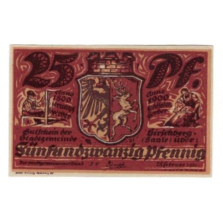 Banknote, Germany, Hirschberg a.d. Saale Stadt, 25 Pfennig, paysage, 1921