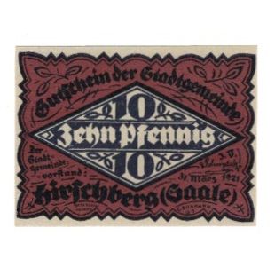 Banknote, Germany, Hirschberg a.d. Saale Stadt, 10 Pfennig, paysage, 1921