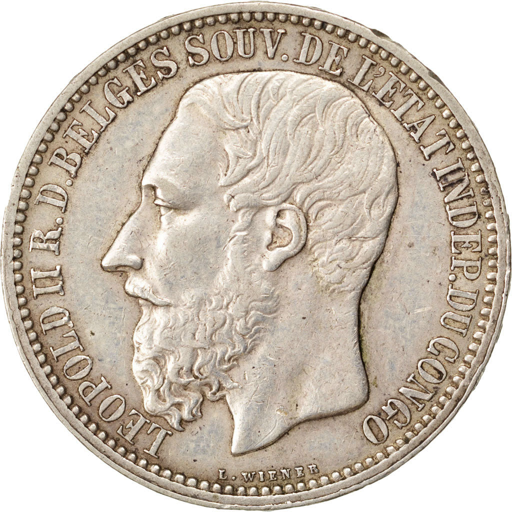 CONGO FREE STATE, 5 Francs, 1894, KM #8.1, AU(50-53), Silver, 37, 24.97