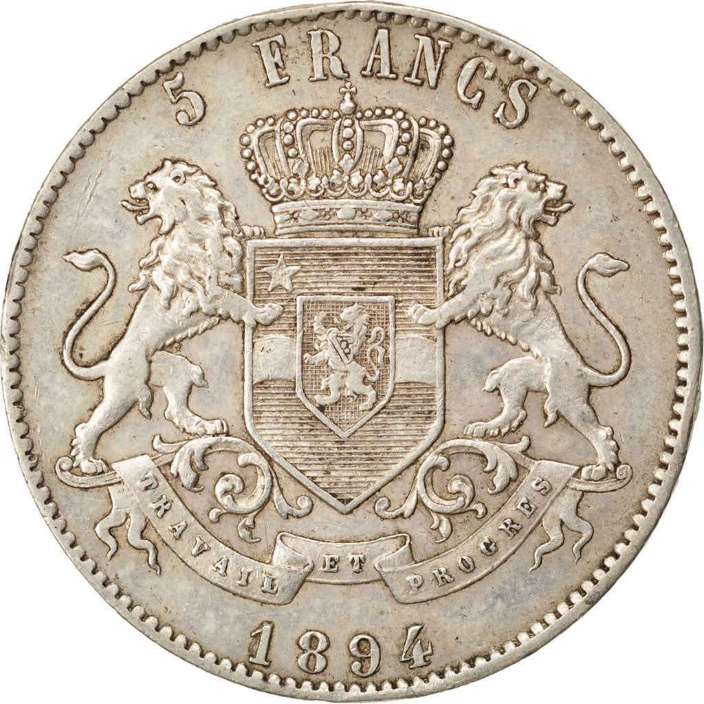 CONGO FREE STATE, 5 Francs, 1894, KM #8.1, AU(50-53), Silver, 37, 24.97