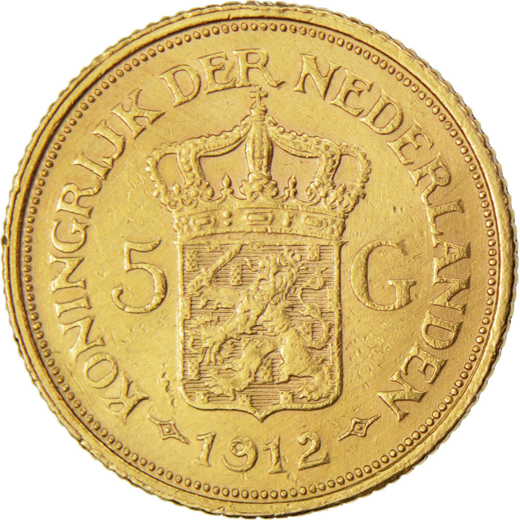 NETHERLANDS, 5 Gulden, 1912, KM #151, EF(40-45), Gold, 18, 3.34