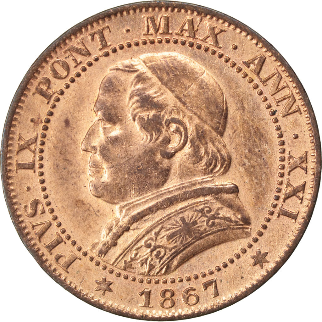 ITALIAN STATES, Soldo, 5 Centesimi, 1867, Roma, KM #1372.2, AU(55-58), Copper,..