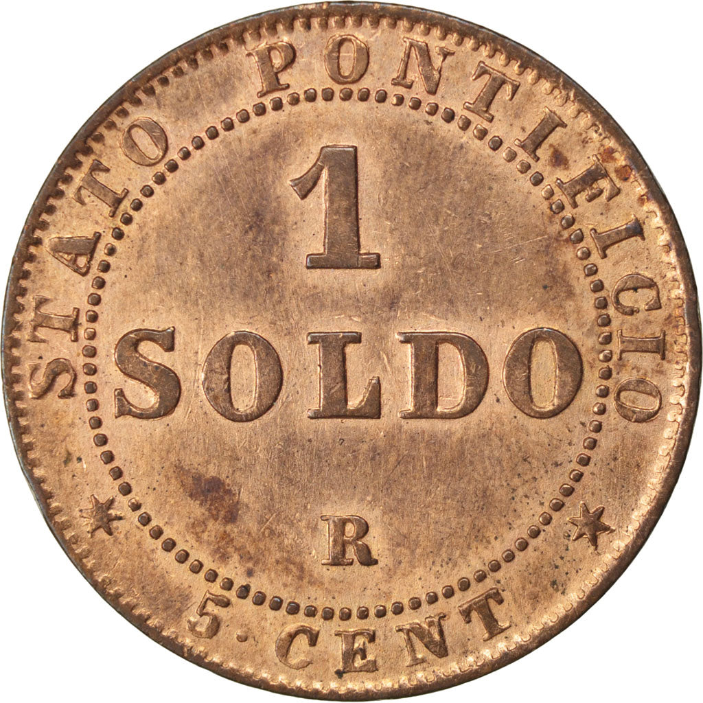 ITALIAN STATES, Soldo, 5 Centesimi, 1867, Roma, KM #1372.2, AU(55-58), Copper,..