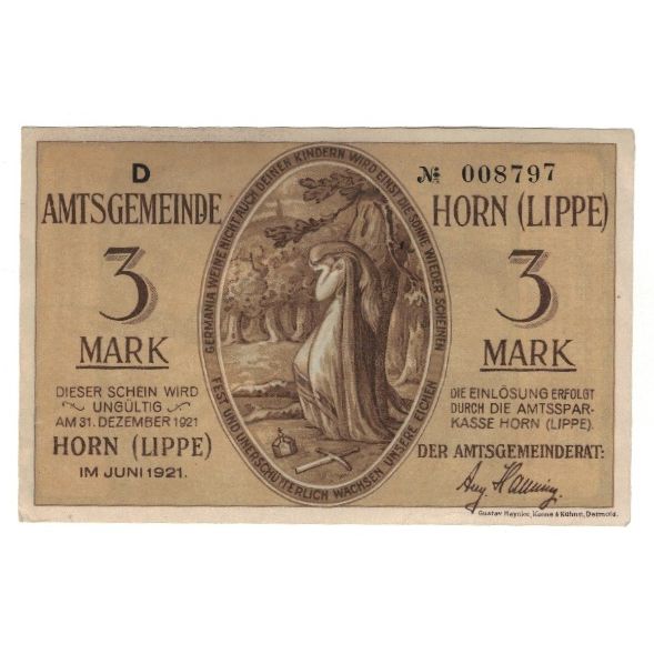 Billet, Allemagne, Horn Amtsgemeinde, 3 Mark, personnage, 1921, 1921-12-31, SUP