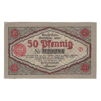 Billet, Allemagne, Köln Stadt, 50 Pfennig, personnage, 1922, 1922-08-15, SUP