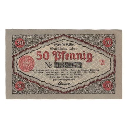 Billet, Allemagne, Köln Stadt, 50 Pfennig, personnage 2, 1922, 1922-08-15, SUP