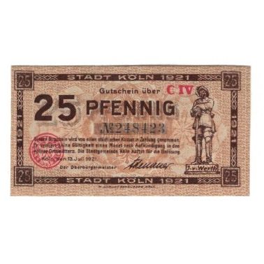 Banknote, Germany, Köln Stadt, 25 Pfennig, personnage, 1921, 1921-07-13